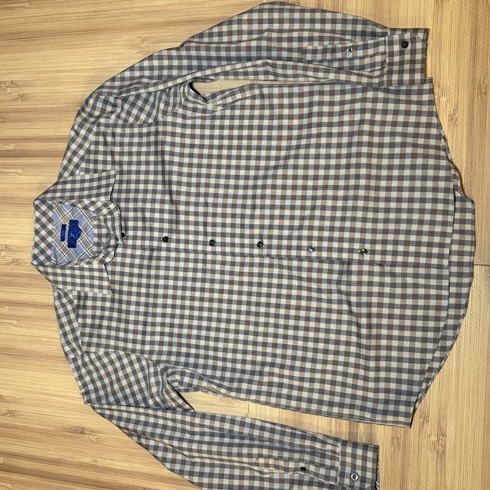Egara Shirt Mens XL Slim Fit Stretch Non Iron Gray Blue Plaid Cotton Spread Coll